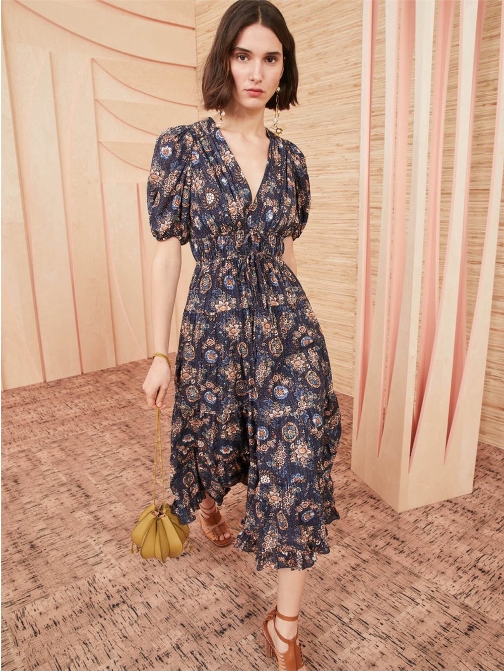 Ulla Johnson Navy Floral Midi Dress with Puff Sleeves